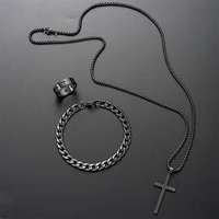 Black Titanium Steel Cross Pendant Necklace for Men Women Minimalist Male Female Chokers Box Chain Necklace Party Jewelry Set 2