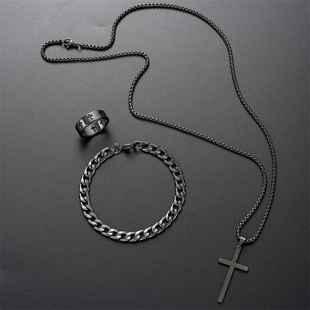 Black Titanium Steel Cross Pendant Necklace for Men Women Minimalist Male Female Chokers Box Chain Necklace Party Jewelry Set 2