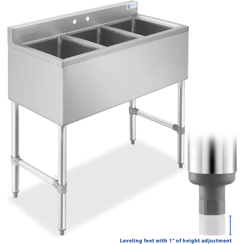 GRIDMANN 3 Compartment Stainless Steel Bar Sink, NSF Commercial Kitchen Underbar Sink with 10" L x 14" W x 10" D Bowls 2