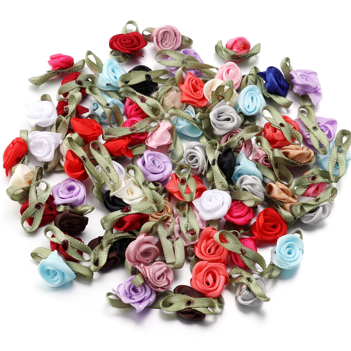50-Piece Set: Vibrant Ribbon Rose Rosettes with Leaf Fabric Flowers
