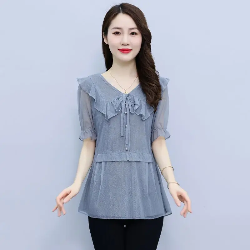 Elegant Lace Up Ruffles Spliced Butterfly Sleeve Blouses Women's Clothing 2024 Summer New Loose Office Lady Tops Chic Shirts