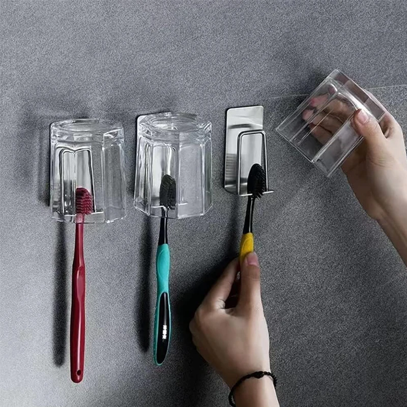 Toothbrush Holder Stainless Steel Toothbrush Holder Wall Mounted Adhesive Toothbrush Cup Holder Space Saving Home Organizer
