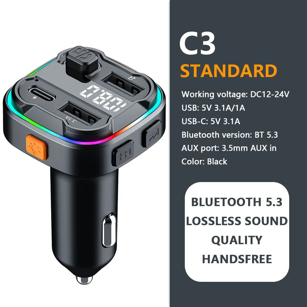 Premium Bluetooth 5.3 Car FM Transmitter with Wireless Hands-Free, USB-C Fast Charging, and MP3 Audio Adapter