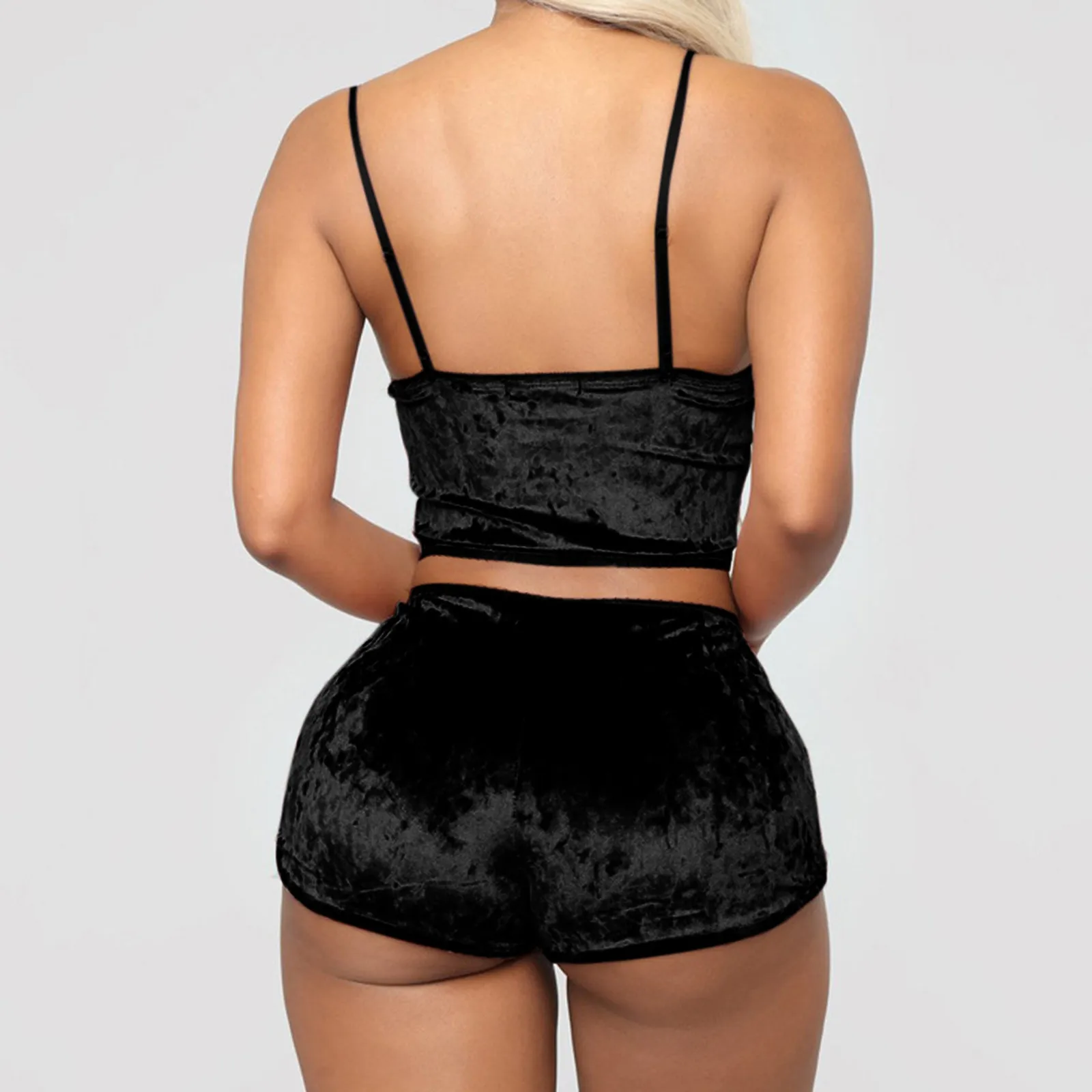 Women 2pcs Velvet Sleepwear Sexy Spaghetti Strap Velvet Shorts Pajama Set Fashion Ladies Sleepwear Female Pajama Party Set
