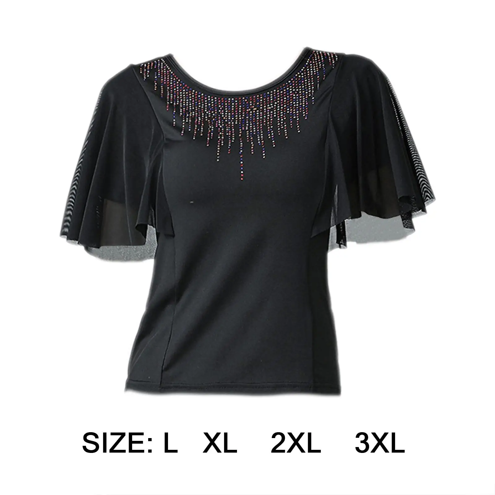 

Elegant Women Ballroom Dance Tops Bell Sleeves Short Sleeved Rhinestones Neckline Performance Wear for Waltz Latin Practice Tops