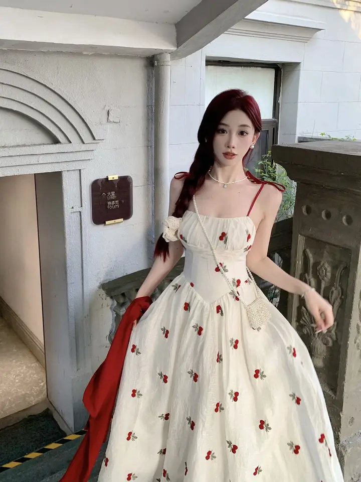 Vacation style cherry floral camisole dress, summer red thin sun