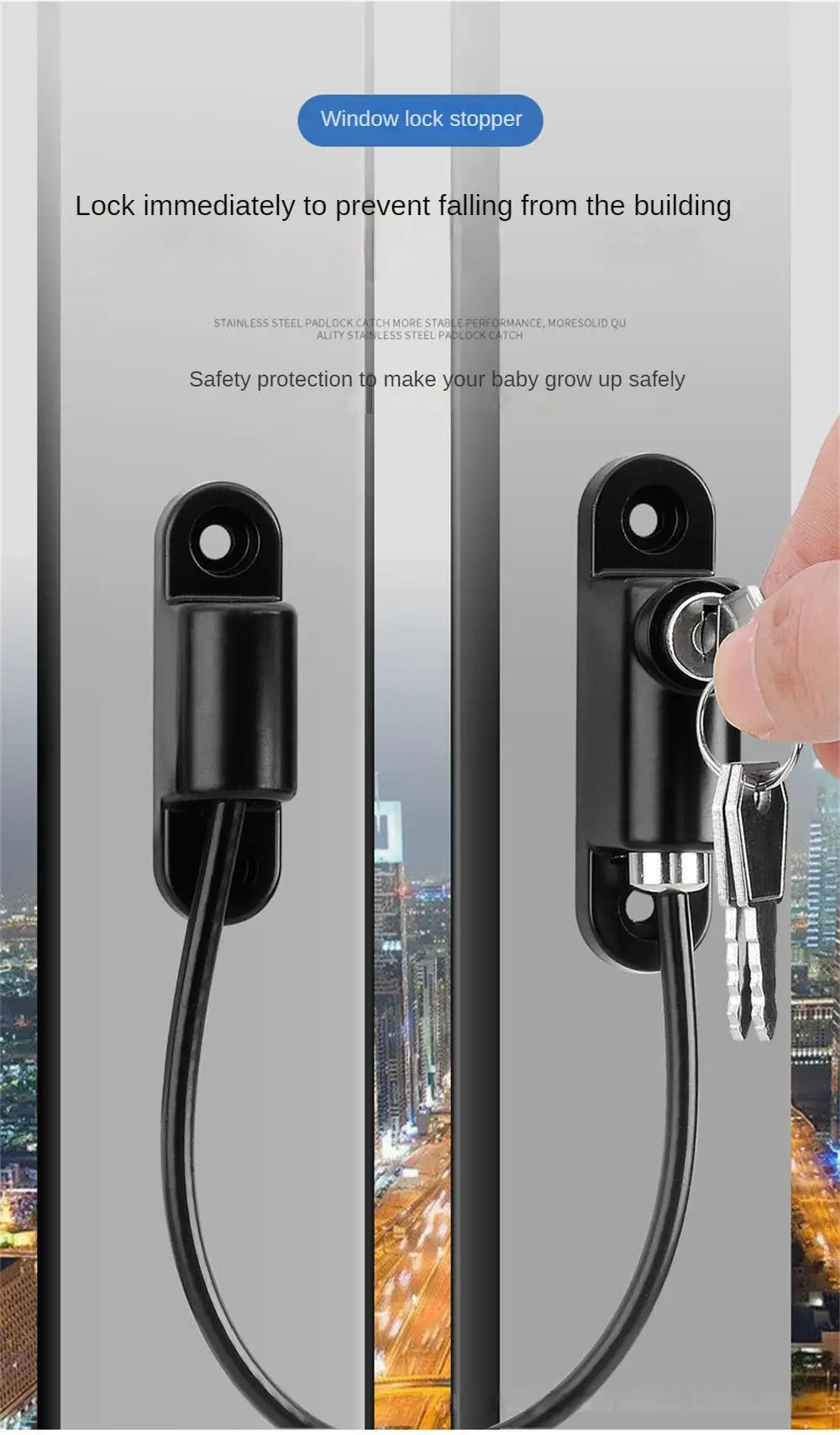 Description Picture 3 of itemSet Window Door Cable Restrictor Ventilator Baby Kids Child Safety Security Chain Lock Kits Stainless Steel