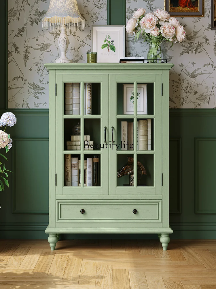 

American Country Green Solid Wood Wine Cabinet Small Apartment Short Storage Organizer Side Cabinet Integrated Wall