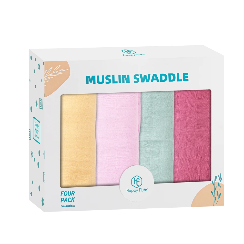 

HappyFlute 4Pieces/Set Gift Boxes Muslin Blankets 120*110cm Muslin Cotton Unisex Print Baby Swaddle Warp Blanket