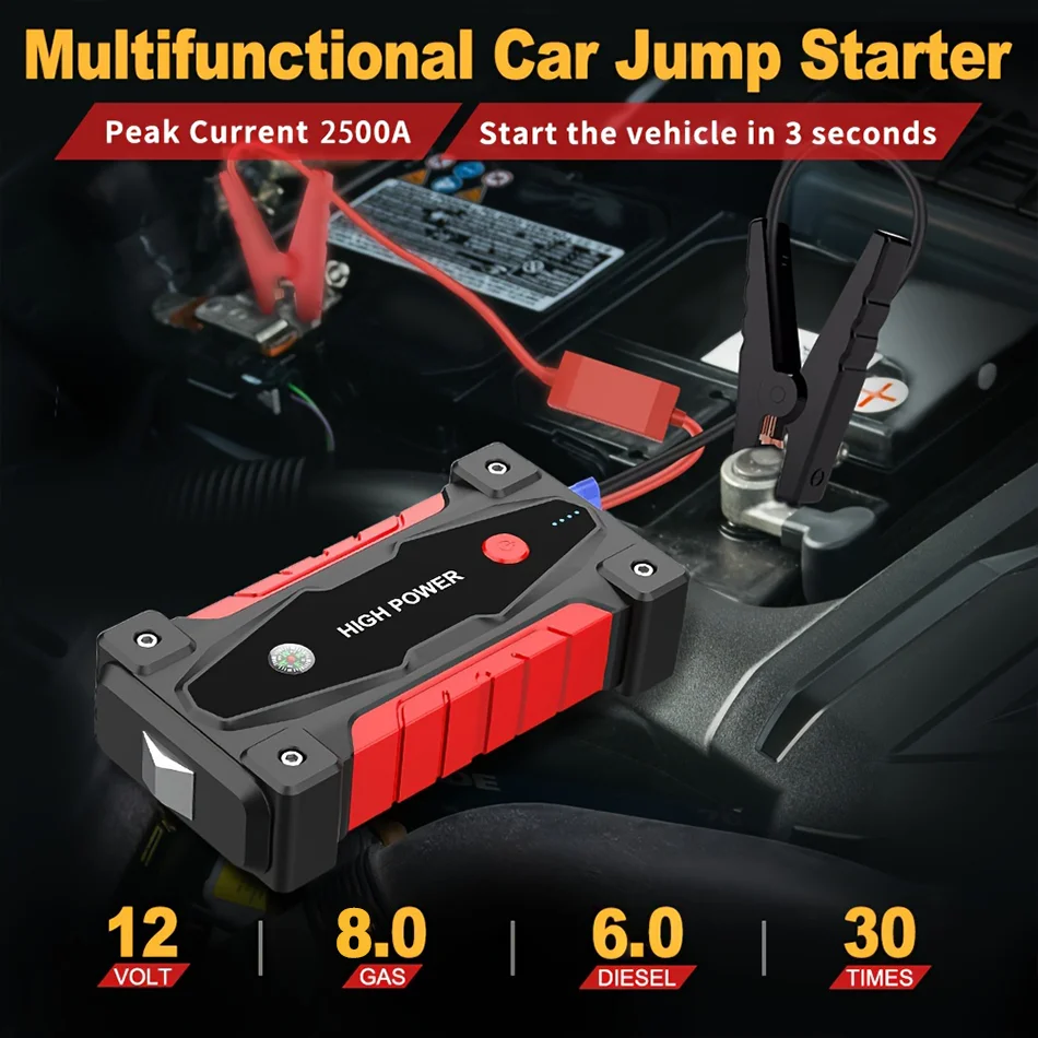 2500A Car Emergency Battery Booster for 8.0L Gas/6.0L Diesel Engines Built in Safety Hammer QC3.0 Fast Charging Dual USB Ports