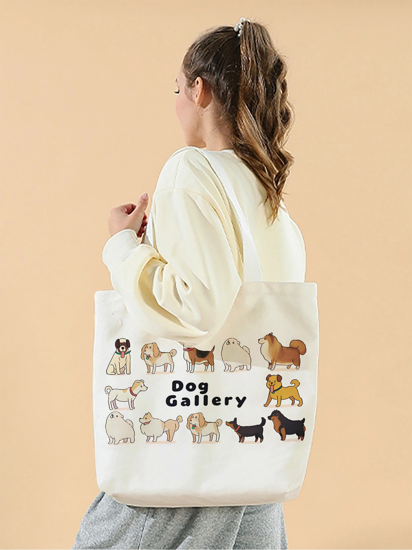1pc,cartoon dog pattern handbag, reusable fashionable handbag, multifunctional handbag, printed canvas shopping bag