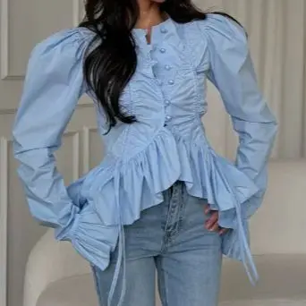 세련된 여성용 단색 싱글버튼 라운드넥 플레어 스티칭 긴팔 셔츠 탑 2026