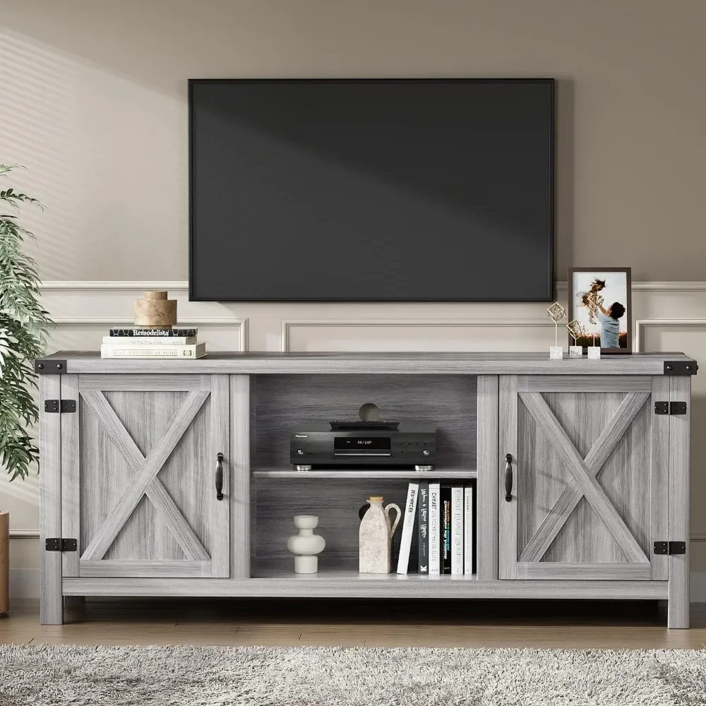 Modern Farmhouse TV Stand with Two Barn Doors and Storage Cabinets for Televisions up to 65 Inch Entertainment Center 4