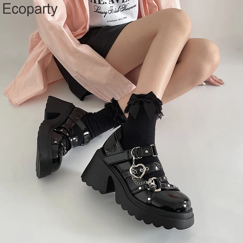 

2023 Women Punk Rivets Metal Chain Chunky Platform Pumps Women Y2k Pu Leather Square Toe Mary Jane Shoes High Heels Gothic Shoes