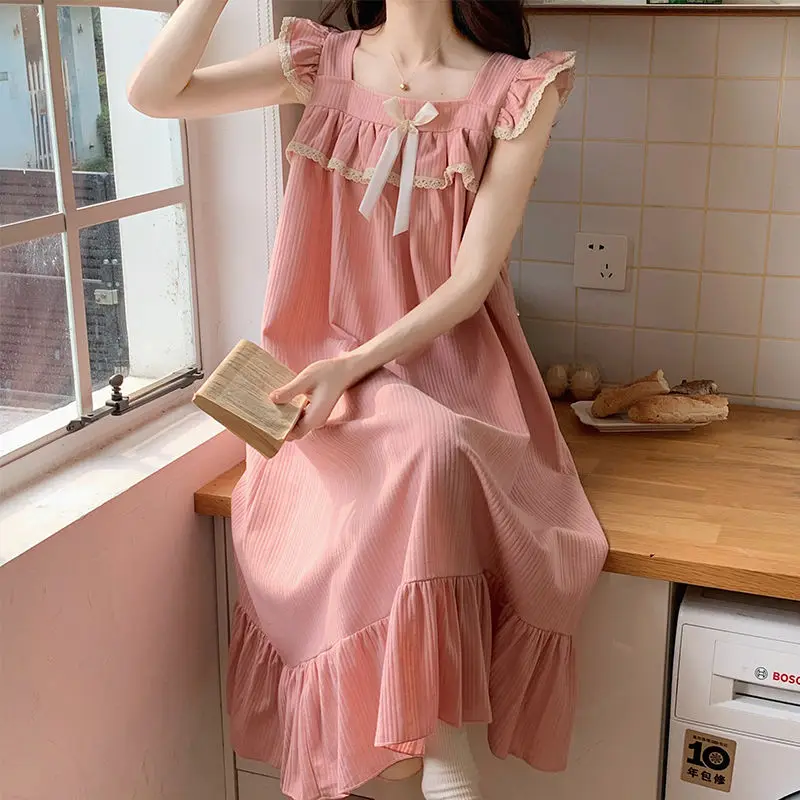 Kawaii Clothes Sleepwear Women Summer Cotton Nightgown Dresses Bow Tie Ruffle Loungewear Homewear Korean Loose Pajamas