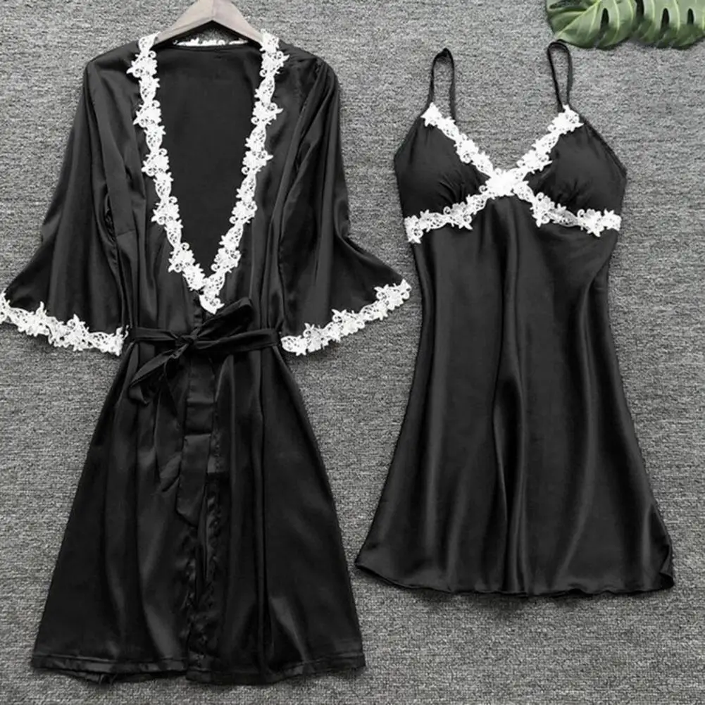 5 Pcs/Set Women Pajamas Suit Silky Satin Nightgown Nightdress Top Shorts Pants Set Lace Patchwork Lace-up Women Sleepwear Set women pajamas set women pajama suit