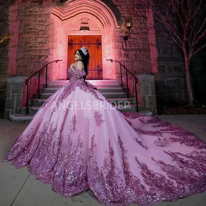ANGELSBRIDEP Mexican Pink Quinceanera Dresses Ball Gown Shiny Sequined Appliques Sweet 16 Dress Vestido De 15 Anos
