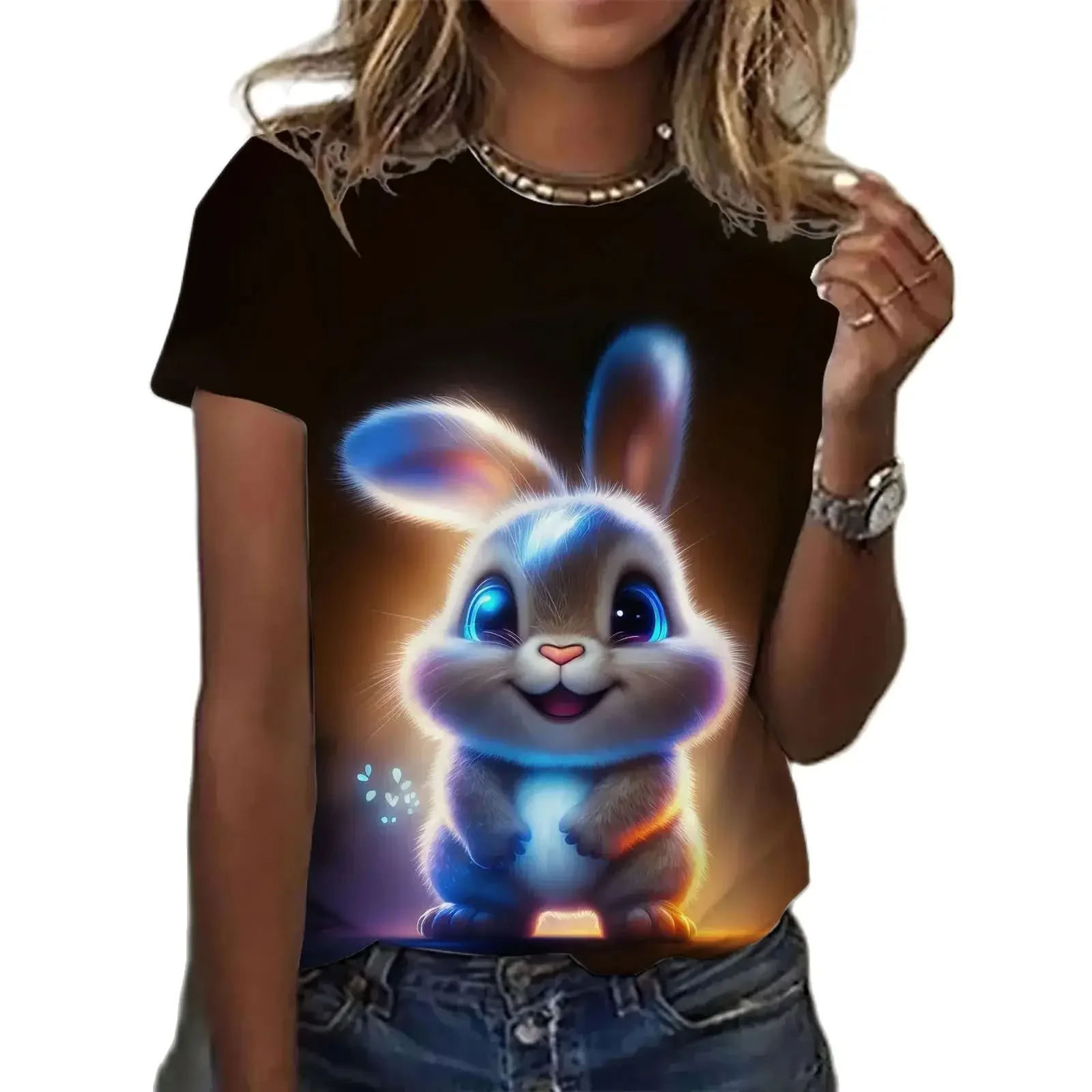 

3D Funny Women's T Shirt Top Y2k Summer Loose Short Sleeve Tee Casual Cute Rabbit Pattern Print Trendy Street T Shirts for Girls