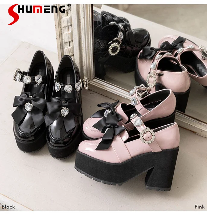 

Осенняя Новинка 2023, милая Женская обувь в форме буквы T в японском стиле «лолита» с бантом, ярко-розового цвета на высоком каблуке, Студенческая форма, Двусторонняя одежда