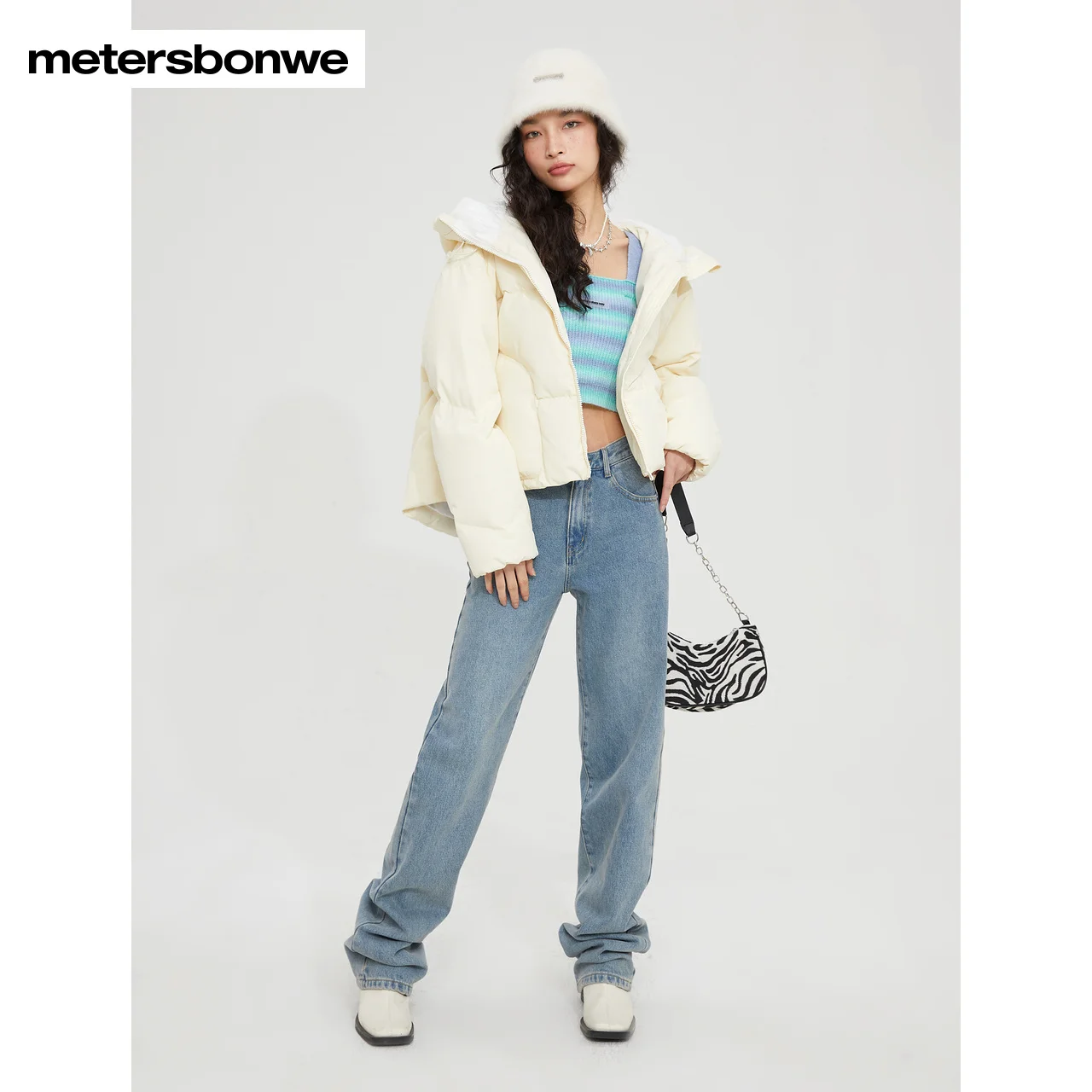 Metersbonwe Short  Down Jacket Women Lapel Collar Parker Coat Ladies 2023 New Fashion Basic Warm Jackets White Outerwear