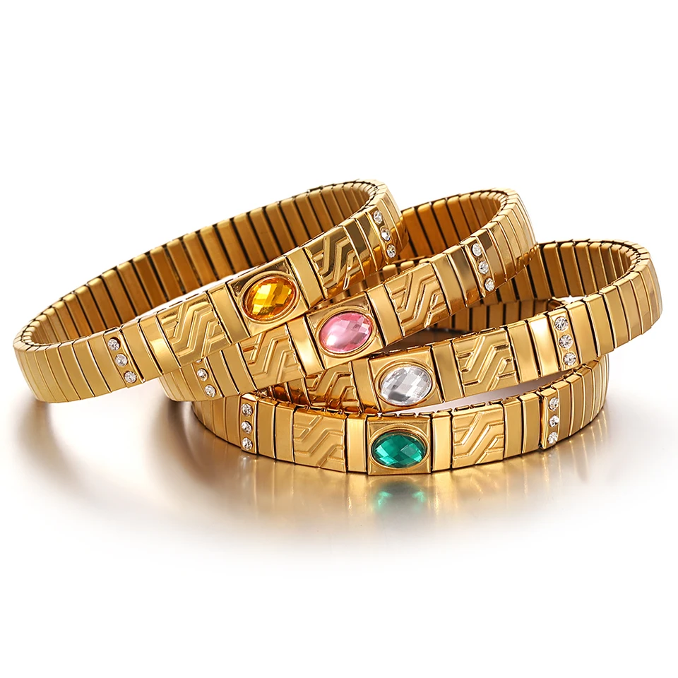 Bracciale Elasticizzato Largo Per Donna In Acciaio Inox Con Motivi Dorati – Gioiello Flessibile E Moderno - 2