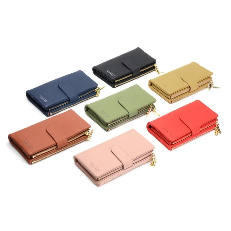 Women Long Wallet PU Leather Purse Female Three Folding Cell Phone Clutch Bag High Capacity Coin Purse Solid Color Card Holder 2