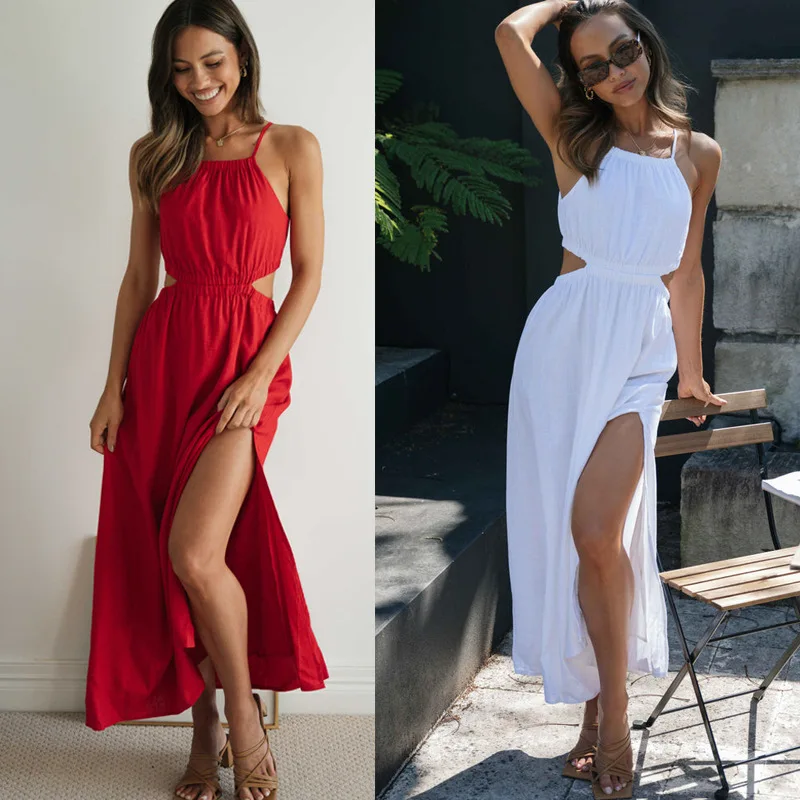 

Hot Sale New Slit Hemline at Hem Sleeveless Solid Color Fashion Dress Midriff Outfit Slimming Elegant Dress