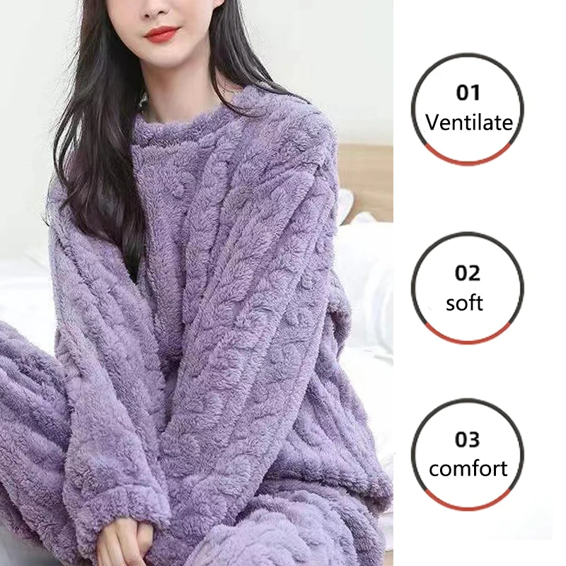 Women's Flannel Pajamas Thickened Warm Autumn and Winter Long-Sleeved Solid Striped Homewear Black Plus Size School Loungewear