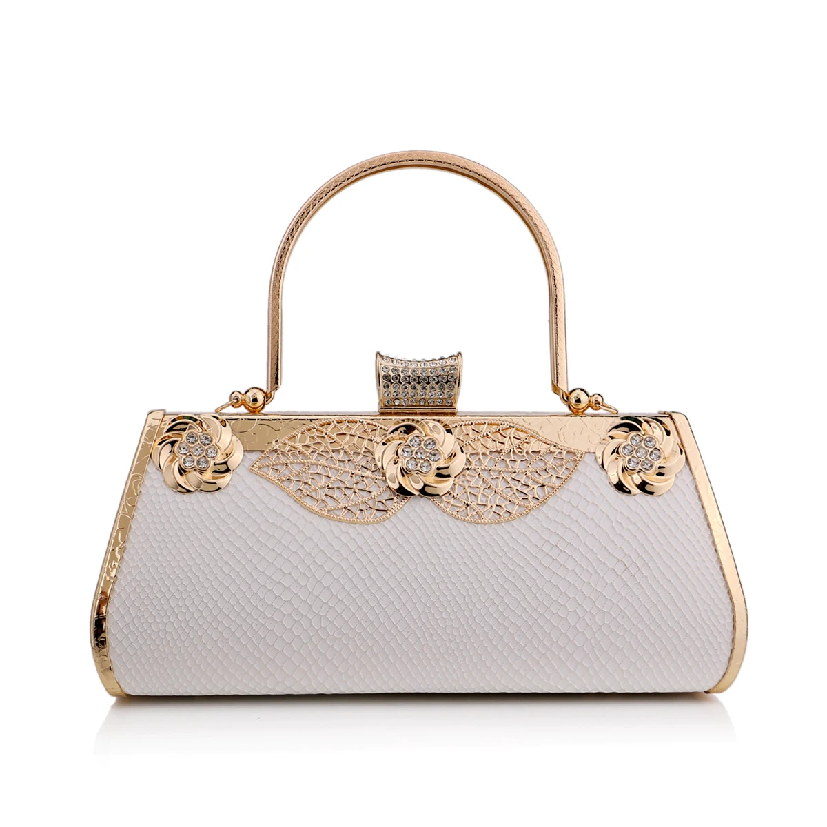 White Luxury Evening Clutch PU Handbag with Diamonds and Handle