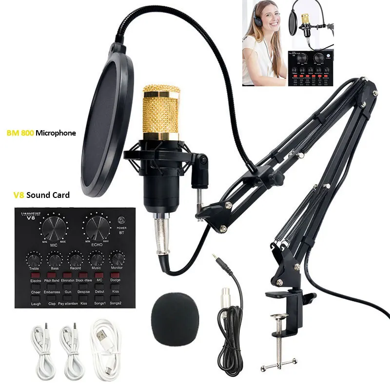 Kit Microphone BM-800 Avec Carte Son USB - Pour Enregistrement, Streaming, Podcast - Inclut Filtre Anti-pop, Support
