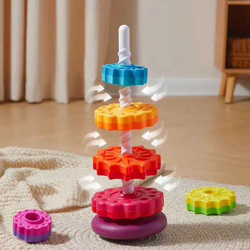 Baby cognition rainbow spinning tower toy Montessori early education geometric ring stacking block Sensory Toy for Toddler Educational Toys Stacking Puzzle Toys Cup Stacking Toys Stacking Toys