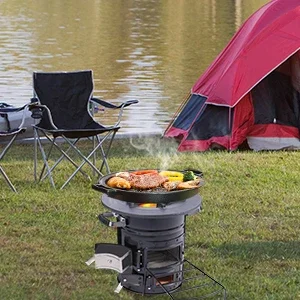 Wood and Charcoal Portable Camping Stove with Bag and Cast Iron Cookware