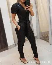 

Women's Summer Jumpsuit Sexy Black Short Sleeve Deep V Sequin Jumpsuits 2022 New High Waist Pencil Pants for Female