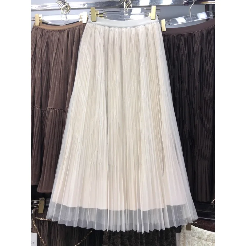 

Faldas Ajustadas De Mujer Fake Mesh Long Skirt A-line Pleated Korean Fashion Skirts for Women High Waist Almighty Dropshipping