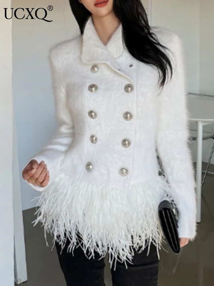 

UCXQ Temperament Lapel Hem Feathers Patchwork Tassel Woolen Coats For Women 2023 Autumn New Double Breasted Female Slim Overcoat