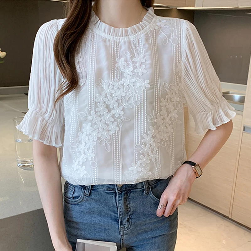 Summer Women Blouse Short Sleeve Embroidery Lace Chiffon Blouse Shirt Blouse Women Blusas Mujer De Moda 2025 Blouses Femme 18927