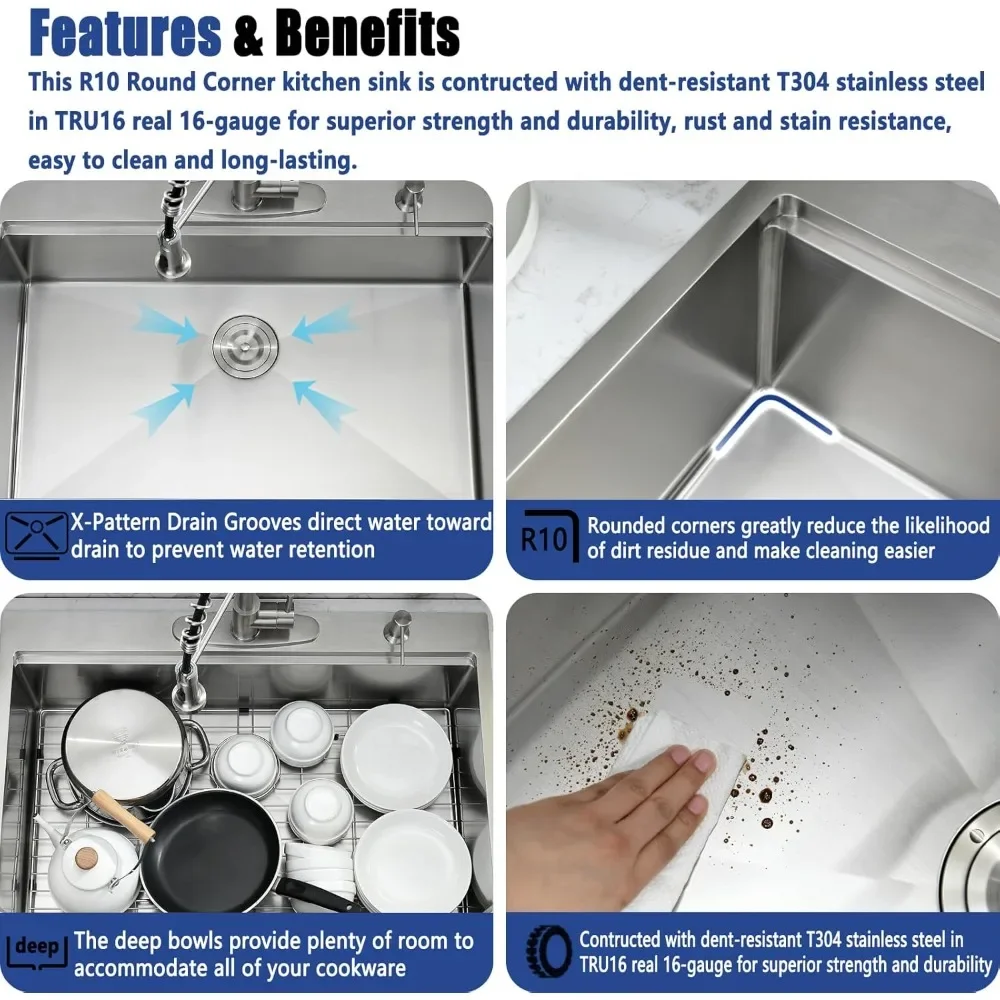 NEW-33 x 22 Drop In Kitchen Sink with Faucet Combo - 33x22 Drop In Sink and Faucet Combo Set,Stainless Steel 10 Inch Deep Single