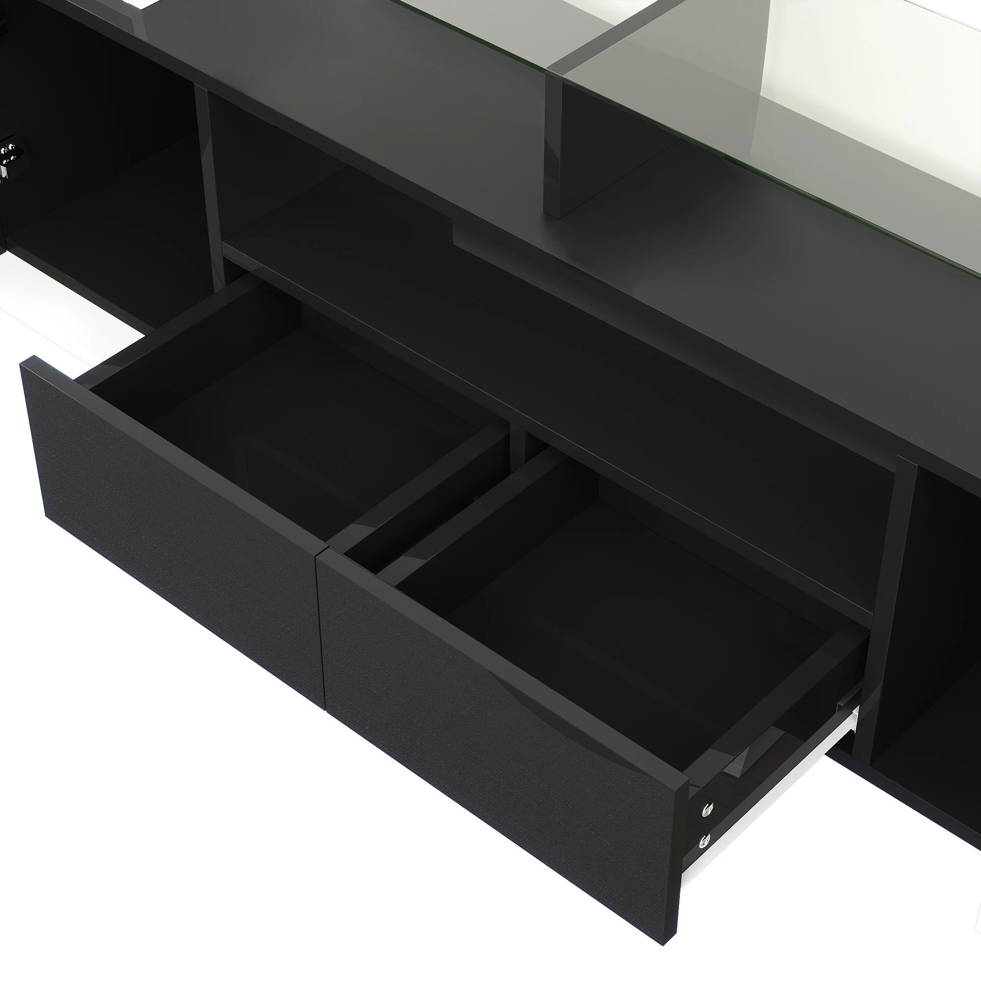 Stilvoller 200 cm TV-Schrank mit Hochglanz-Finish in Weiß und Schwarz, LED-Beleuchtung und eleganter Glasoberfläche. – Detail 13