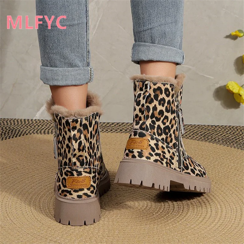 Winter New Thick Soled Snow Boots Women with Plush Thickened Fashionable Warm Cotton Shoes Women with Leopard Print Short Boots