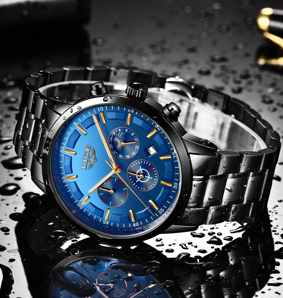 LIGE Men Watches Steel Wristwatch Sport Waterproof Chronograph Analog Quartz Watch Man Business Date Clock Luxury Watch for Men