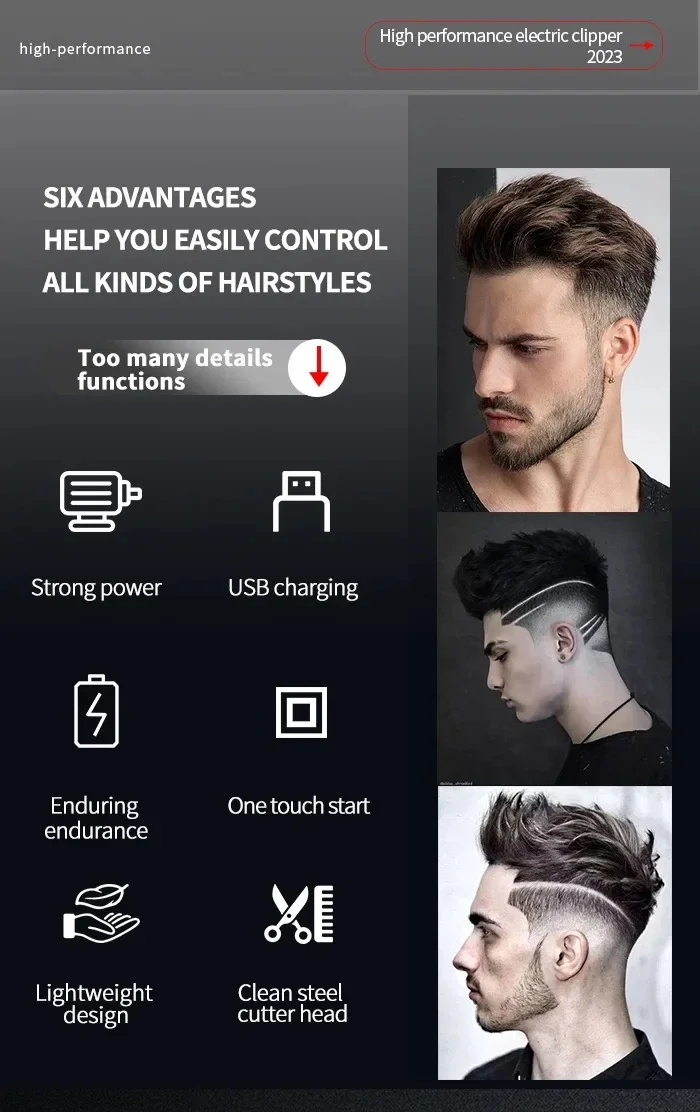 Mașină de tuns profesională pentru frizerie, reîncărcabilă, fără fir, electrică, puternică, pentru tunsul părului, pentru bărbați_voghion.com