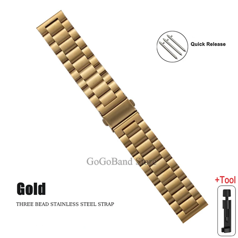 Premium Stainless Steel Watch Band, 20mm/22mm, Metal Strap, Silver/Black Finish