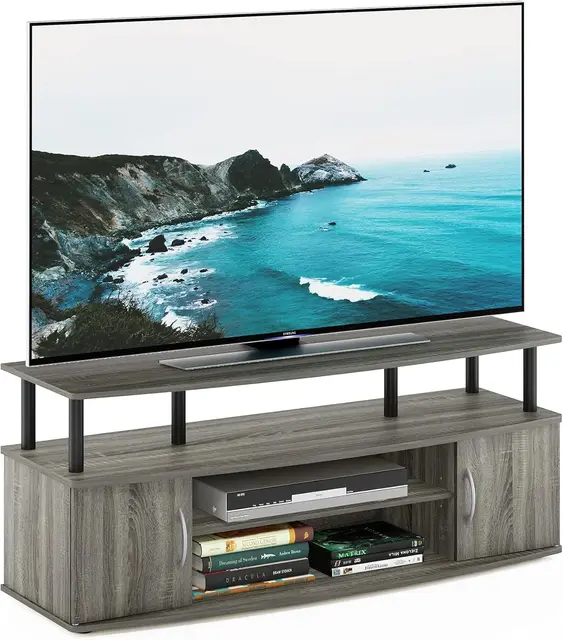 Large TV Stand for 55 Inch Screens, French Oak Grey/Black Entertainment Center with Cabinets and Shelves