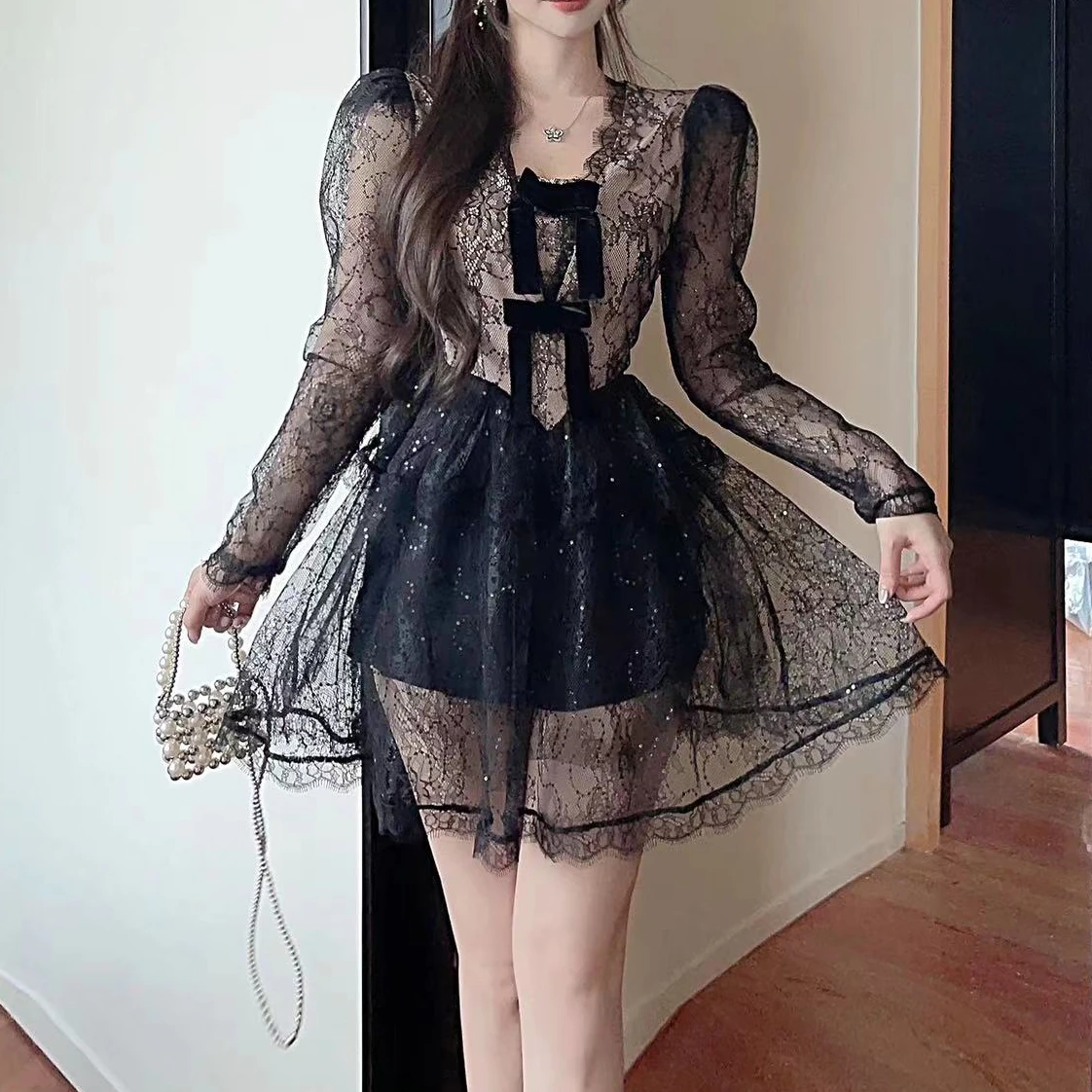 

Black Lace Dress Women Long Sleeve V-neck Elegant Women's Clothing High Waist Runway Design Vintage Party Vestido