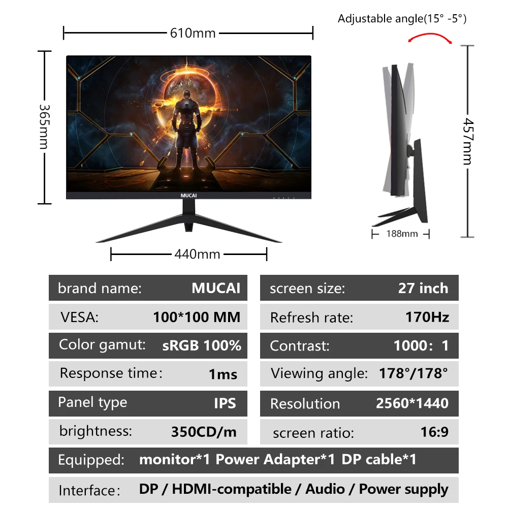 MUCAI 27 ġ , 2K 144Hz IPS PC LCD ÷, QHD 170Hz ũž ̹ ǻ ũ,  г HDMI ȣȯ DP