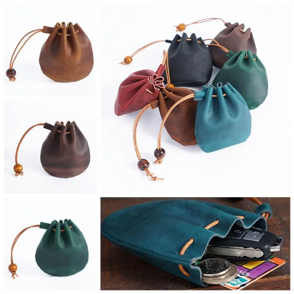 

Vintage Wallet Cowhide Coin Storage Bag Portable Lucky Bag Style Cow Leather Drawstring Bag Soft Coin/Bank Card