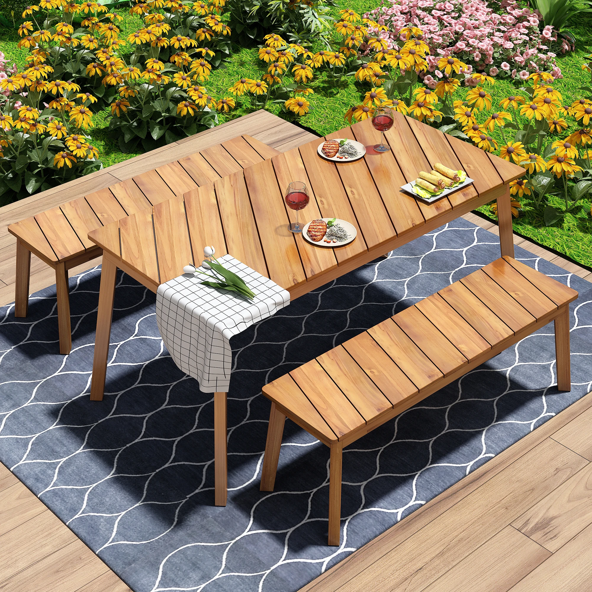 

3Pcs Acacia Wood Table Bench Dining Set For Outdoor & Indoor Furniture With 2 Benches Picnic Beer Table for Patio Porch Garden