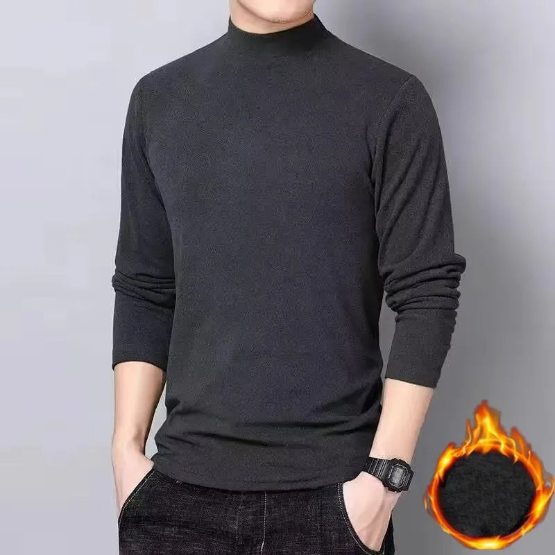 thumbnail image 1 of Camisetas de otoño e invierno para hombre, camisetas térmicas de manga larga, camisas de color sólido con base de polar fino, camisetas de cuello alto medio, 1 of 4