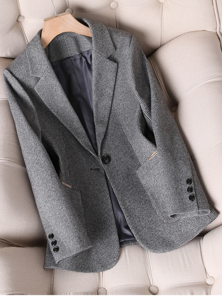 

Autumn Winter Gray Brown Plaid Women Blazer Long Sleeve Single Button Office Ladies Business Work Wear Formal Jacket With Pocket