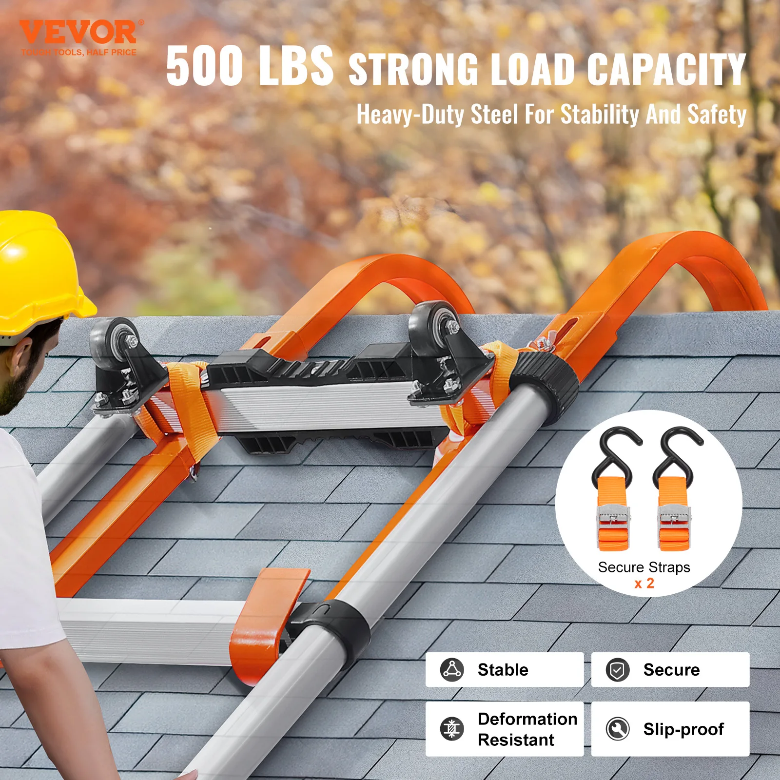 Ladder Roof Hook Orange/Black Heavy Duty Steel Stabilizer Ridge Extension Rubber Grip T-Bar 500 lbs